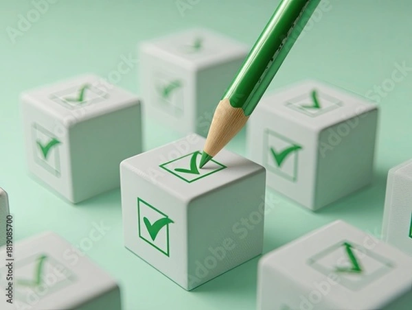 Obraz Green pencil marking a cube with a checkmark, surrounded by others