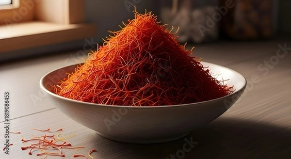 Obraz A beautiful photo showing heap of saffron threads in ceramic bowl with natural light
