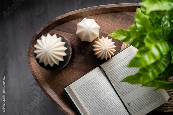 Obraz Decorative Sculpted Candles on Wooden Table With Plant and Open Book