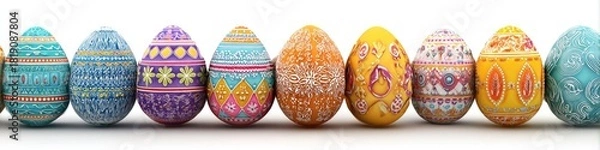 Obraz A row of ten colorful, patterned Easter eggs against a bright white background