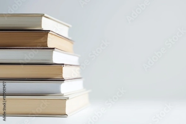 Obraz Neat stack of books with spines facing camera on white background, soft even lighting for minimalist aesthetic, ideal for education or reading concept design.