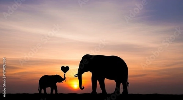 Obraz Elephant family silhouettes with a heart at sunset