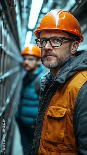 Fototapeta Two skilled industrial workers wearing orange hard hats and safety glasses stand in a long technical corridor. The front worker looks directly.