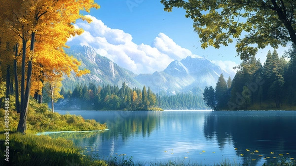 Fototapeta The forest around you is alive with the sounds of nature, while the lake offers a sense of calm. How would you spend the day, feeling at one with the environment?