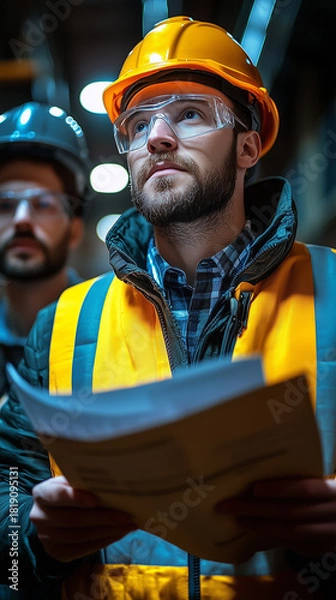 Fototapeta An industrial worker in a yellow hard hat and safety glasses holds project documents, looking up with a serious, focused expression.