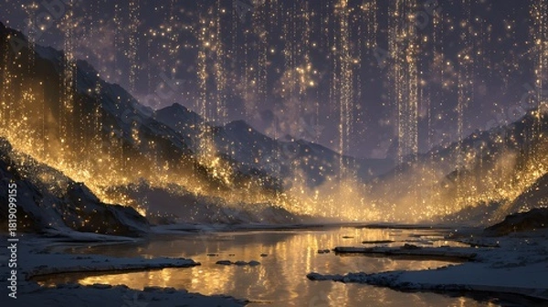 Fototapeta Magical golden waterfall over a snowy mountain lake reflecting light