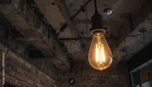 Fototapeta Burnt bulb in industrial-style ceiling lamp in loft apartment