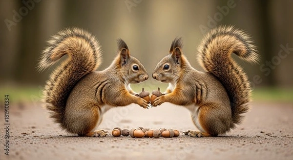 Obraz Two red squirrels sharing acorns on natural forest path