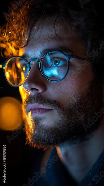 Fototapeta Close up of a man's face with a beard and glasses, reflecting bright blue light, deep in thought with warm glow.