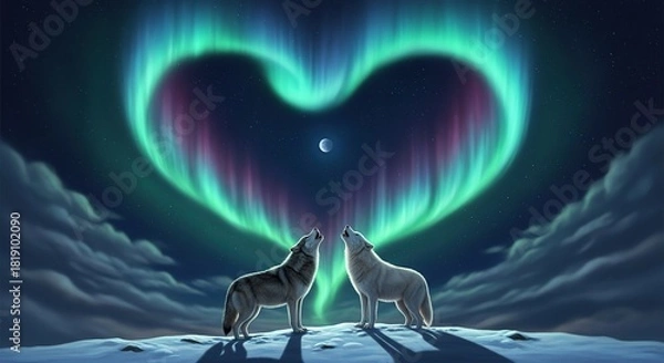 Obraz Wolves howling under heart-shaped aurora borealis light