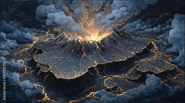 Fototapeta Majestic abstract volcano landscape with fiery eruption and swirling clouds