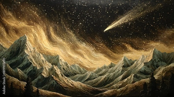 Fototapeta Majestic mountains beneath a starlit sky with a shooting star artwork