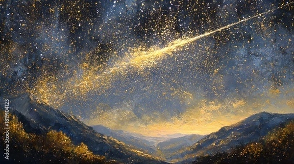 Fototapeta Majestic mountain range under a starry night sky with shooting star trail