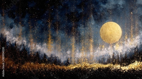 Fototapeta Mystical Golden Moon over a Forest with Sparkling Celestial Lights