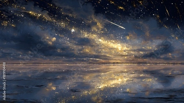 Fototapeta Mystical starry night with shooting stars reflecting on the water surface artwork