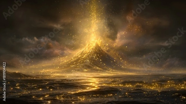 Fototapeta Mystical golden mountain rising from the dark ocean ethereal landscape