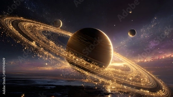 Fototapeta Saturn inspired planet with glowing ring system surrounded by moons in deep space