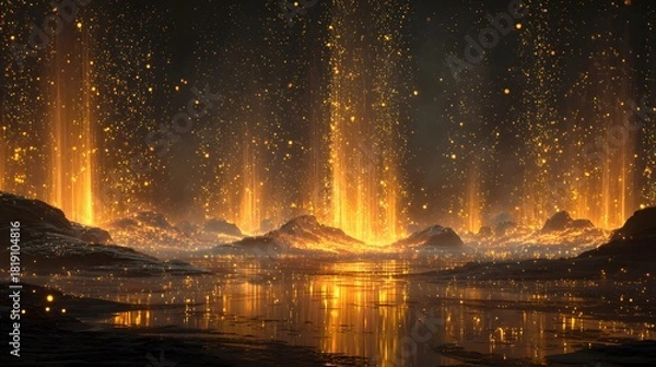 Fototapeta Spectacular golden light beams over a dark landscape reflected in water surface