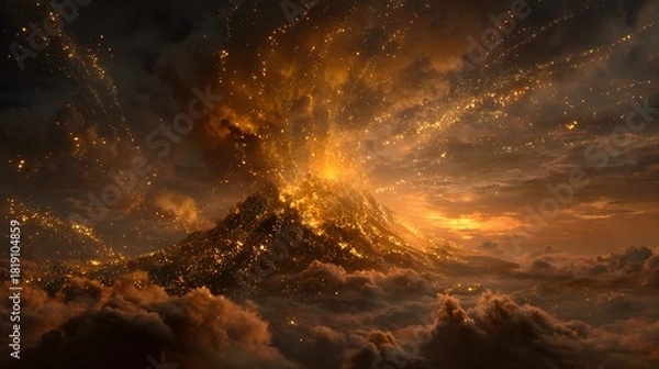 Fototapeta Mystical volcano eruption with golden sparks in a cloudy landscape