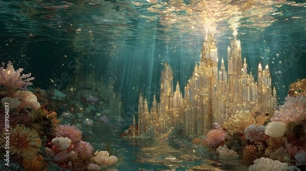 Fototapeta Spectacular golden underwater city with coral reefs and sun rays shining through