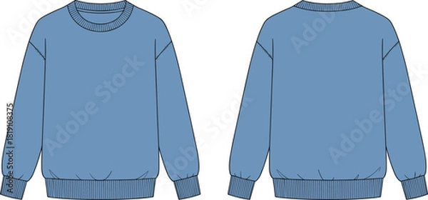 Fototapeta Crewneck sweatshirt front and back flat sketch, dropped shoulder ribbed cuff hem neckline detail, cad drawing flat vector illustration fashion templateCrewneck sweatshirt front and back flat 