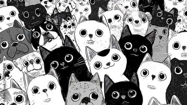 Fototapeta A whimsical and playful illustration featuring a multitude of cartoon cats with expressive eyes, creating a dense and engaging pattern, perfect for backgrounds and designs
