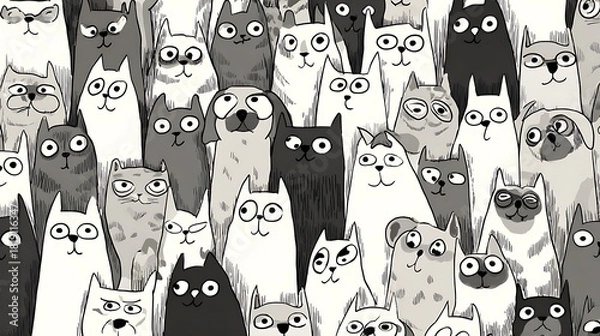 Fototapeta Seamless pattern with cute cats in black and white, a whimsical design featuring adorable feline faces, creating a playful and charming background for various creative projects