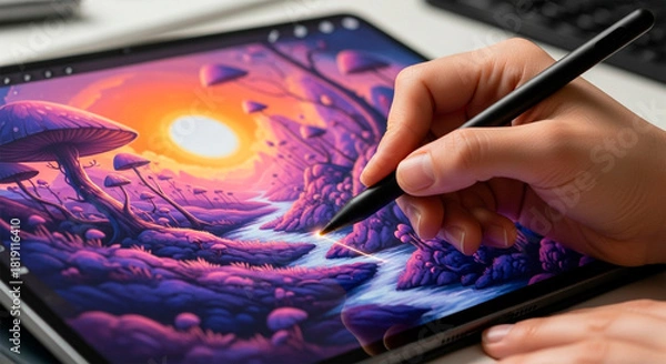 Obraz Digital artist drawing a fantastic surreal landscape on a tablet