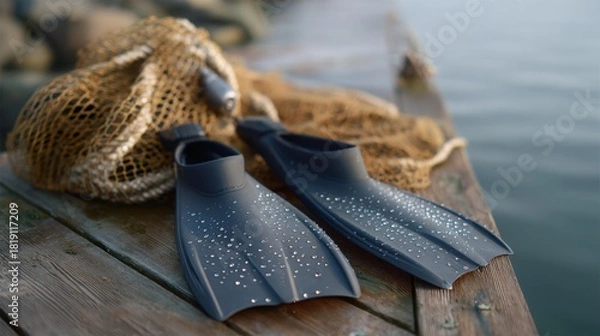 Fototapeta Diving fins on dock with water droplets, calm readiness before adventure; close-up in natural light beside fishing net on wooden pier by seaside at morning, lifestyle gear for snorkeling, scuba, and