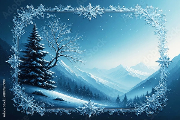 Fototapeta Winter Landscape with Frosty Ice Crystal Snowflake Frame and Sparkling Snow, decorative Illustration