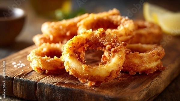 Fototapeta Crispy golden fried onion rings piled high on a wooden board.