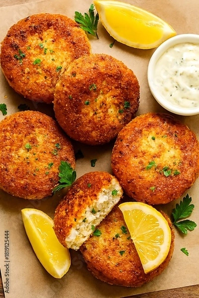 Obraz Delicious golden brown crab cakes with lemon and dipping sauce.