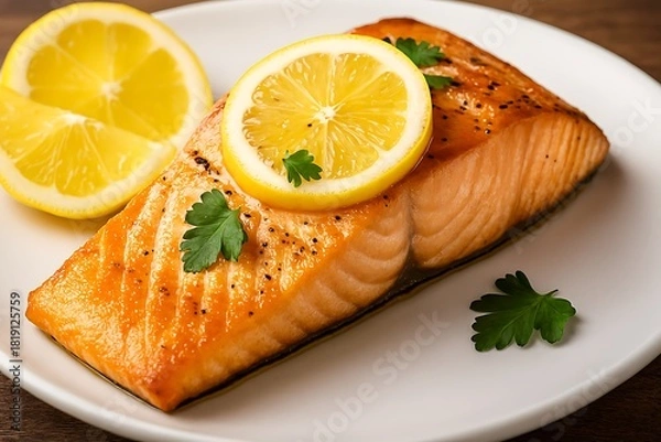 Fototapeta Delicious grilled salmon fillet with lemon and parsley garnish.