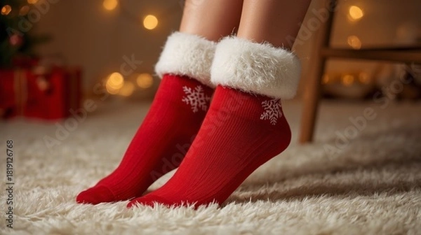 Obraz Cozy Christmas Feet in Festive Red Snowflake Socks
