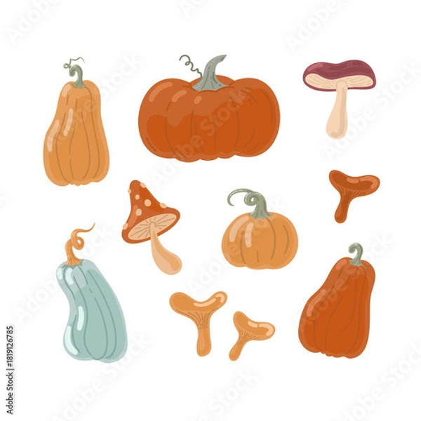 Obraz Autumn Pumpkins and Mushrooms Vector Seth