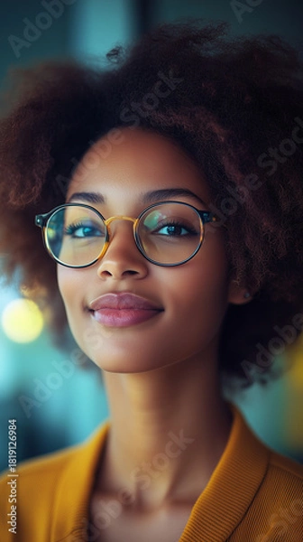 Fototapeta A confident young Black woman with natural curly hair and stylish round glasses smiles gently, looking at the camera with a friendly expression.
