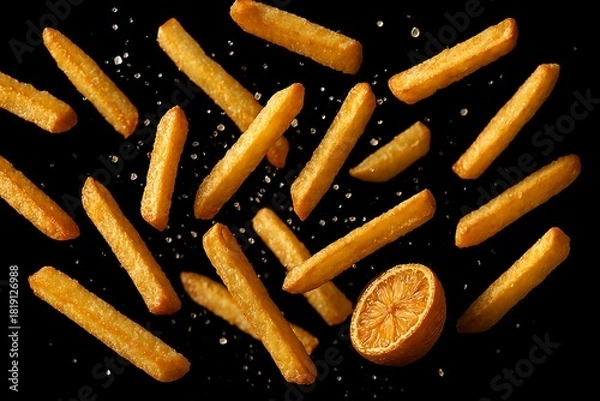 Obraz Crispy golden french fries scattered with salt and a lemon slice.