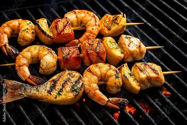 Obraz Delicious grilled shrimp skewers cooking on a hot barbecue grill.