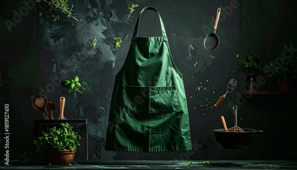 Fototapeta Green apron floating with cooking utensils in cinematic lighting 
