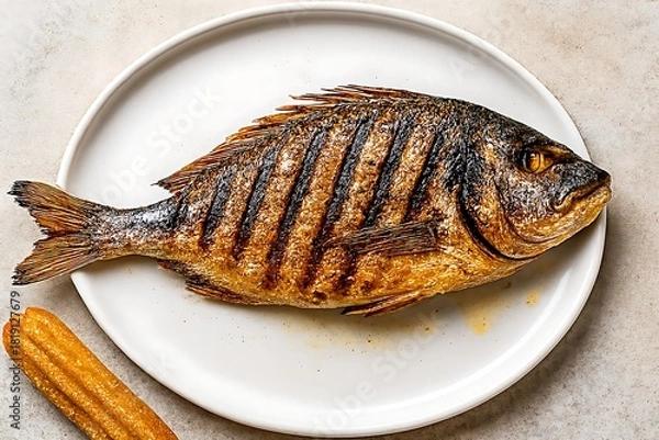 Obraz Whole grilled fish served on a white plate with corn.