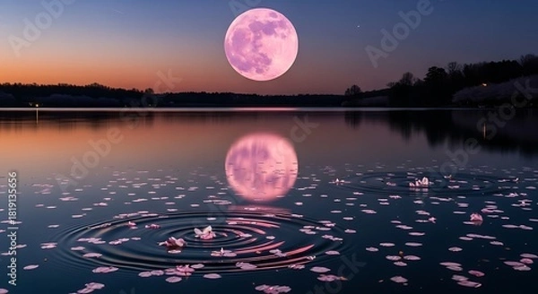 Obraz Pink full moon reflecting on still lake with cherry blossom petals and ripples