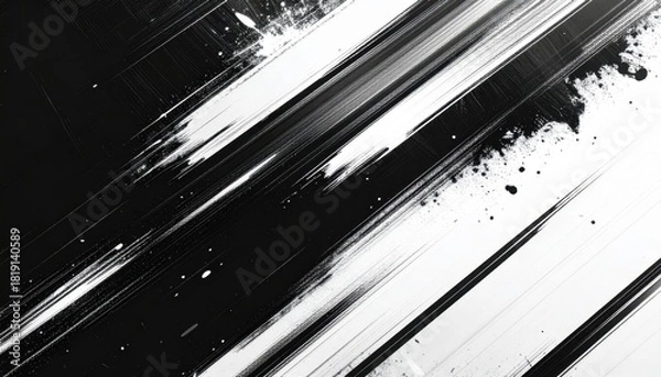 Fototapeta Stark black and white abstract image with bold diagonal lines. Textured brushstrokes and scattered splatters create dynamic visual tension.