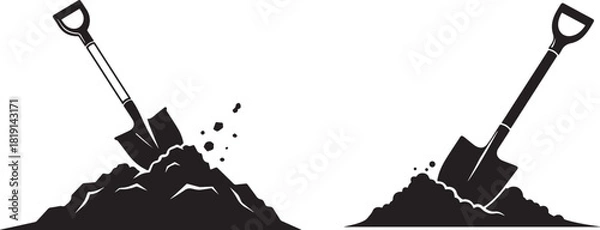 Fototapeta Silhouette of a shovel in dirt digging illustration vector, Print Shovel in soil silhouette icons, digging tools, construction symbols, black vector illustrations
