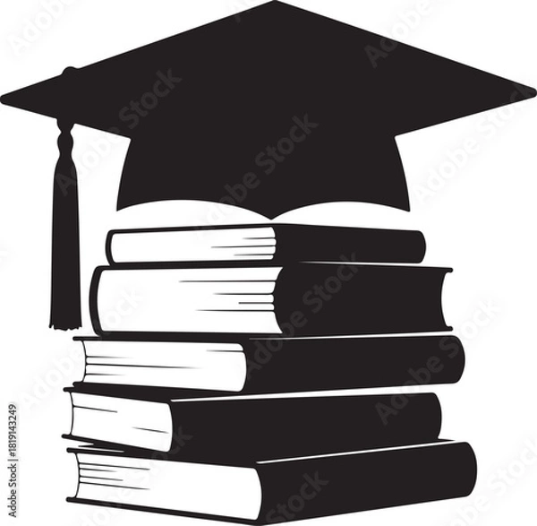 Fototapeta Graduation cap placed on stack of books in black silhouette style, Stack of books with graduation cap silhouette vector illustration education learning concept