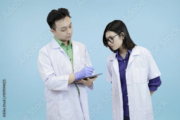 Fototapeta Two Asian medical or science professionals discussing research, actively debating data shown on a digital tablet studio blue background