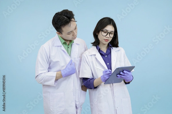 Obraz Pensive Asian science professionals closely examining data on a digital tablet, symbolizing focused analysis and problem-solving during research in studio blue background