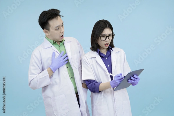 Obraz Two Asian medical or science professionals discussing research, actively debating data shown on a digital tablet studio blue background