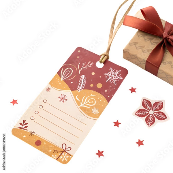 Fototapeta card note chirstmas celebration greeting or holidays gift or price tag with ribbon bow isolated on white background