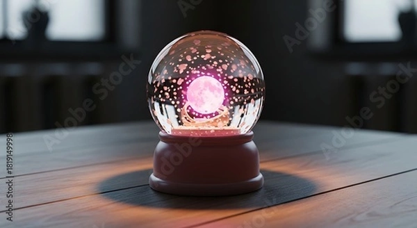 Obraz Clear glass snow globe with pink glowing full moon on wooden table
