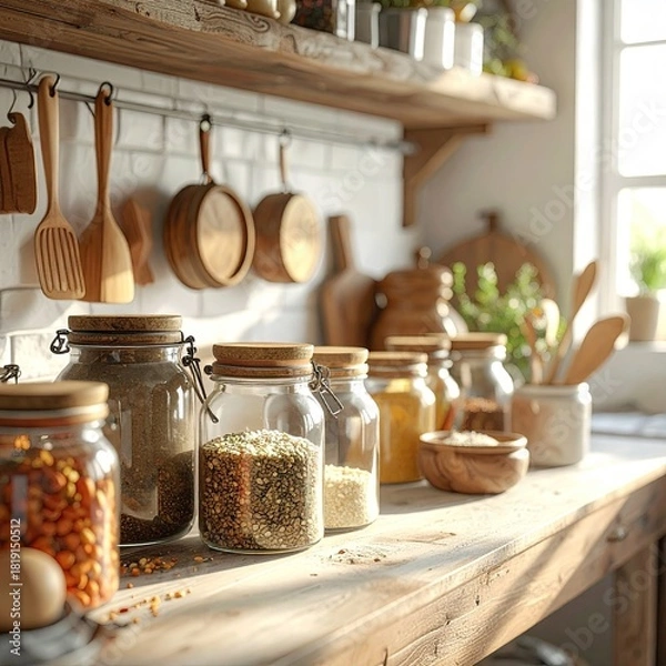 Obraz Rustic Kitchen Interior with Wooden Shelves and Glass Jars of Spices and Herbs